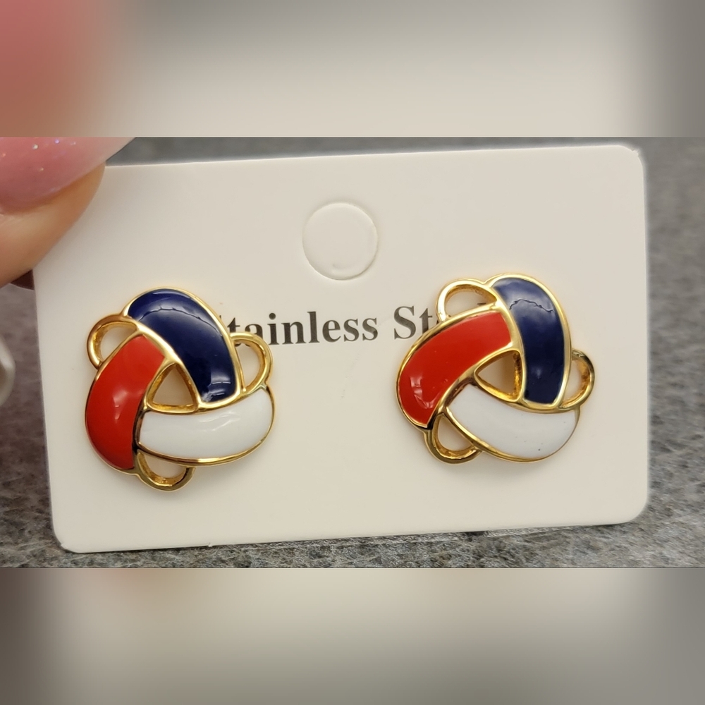 Gold Tone Red, Blue, and White Knot Earrings